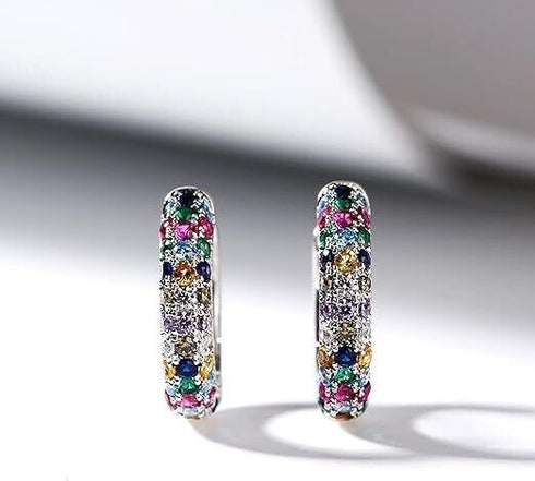 Multicolor Paved 14K White Gold Plated Cubic Zirconia Women Huggie Hoop Earrings